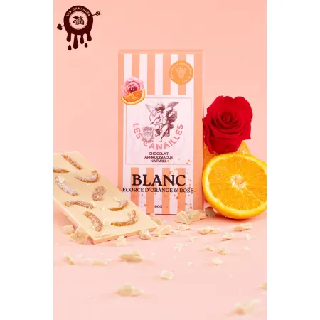 Tablette chocolat aphrodisiaque • Blanc, Écorces d’Orange & Rose • 100 g